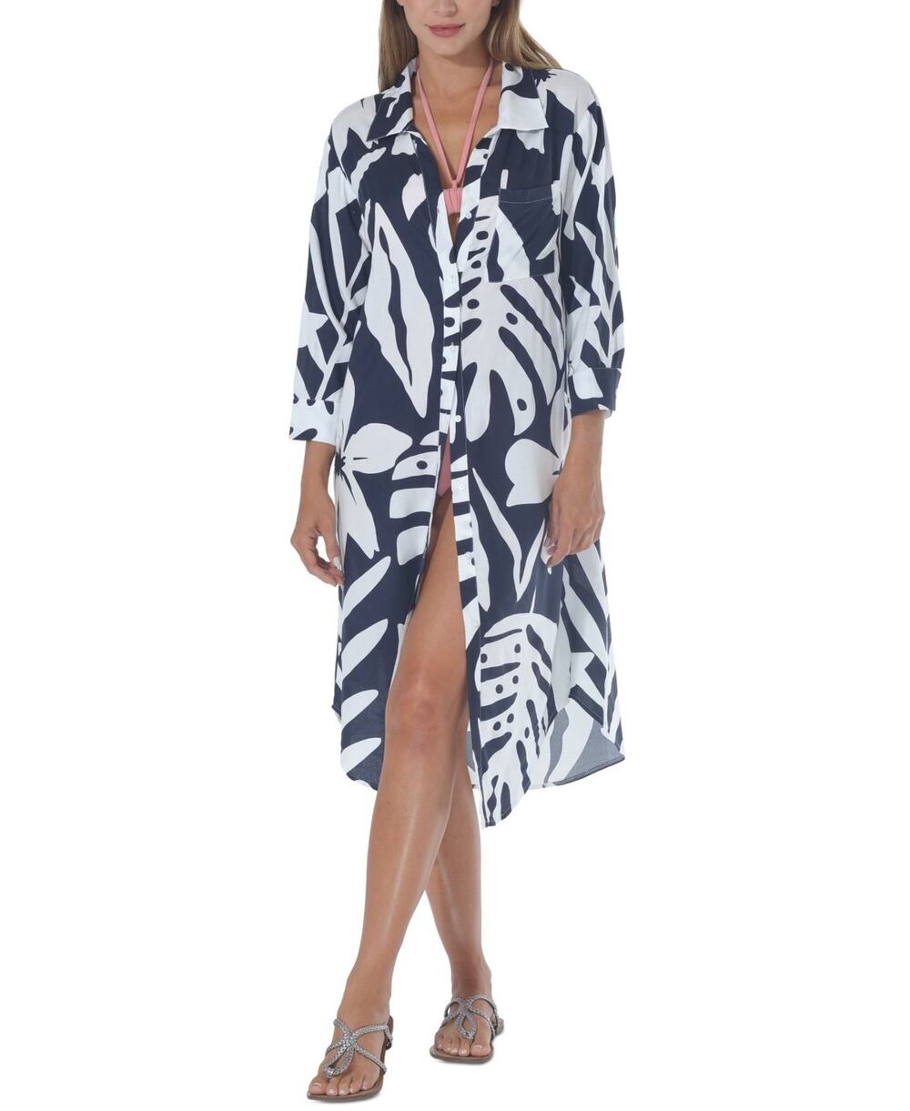 Raviya Women's Printed Shirt Dress Cover-Up Navy/White Size S 3249